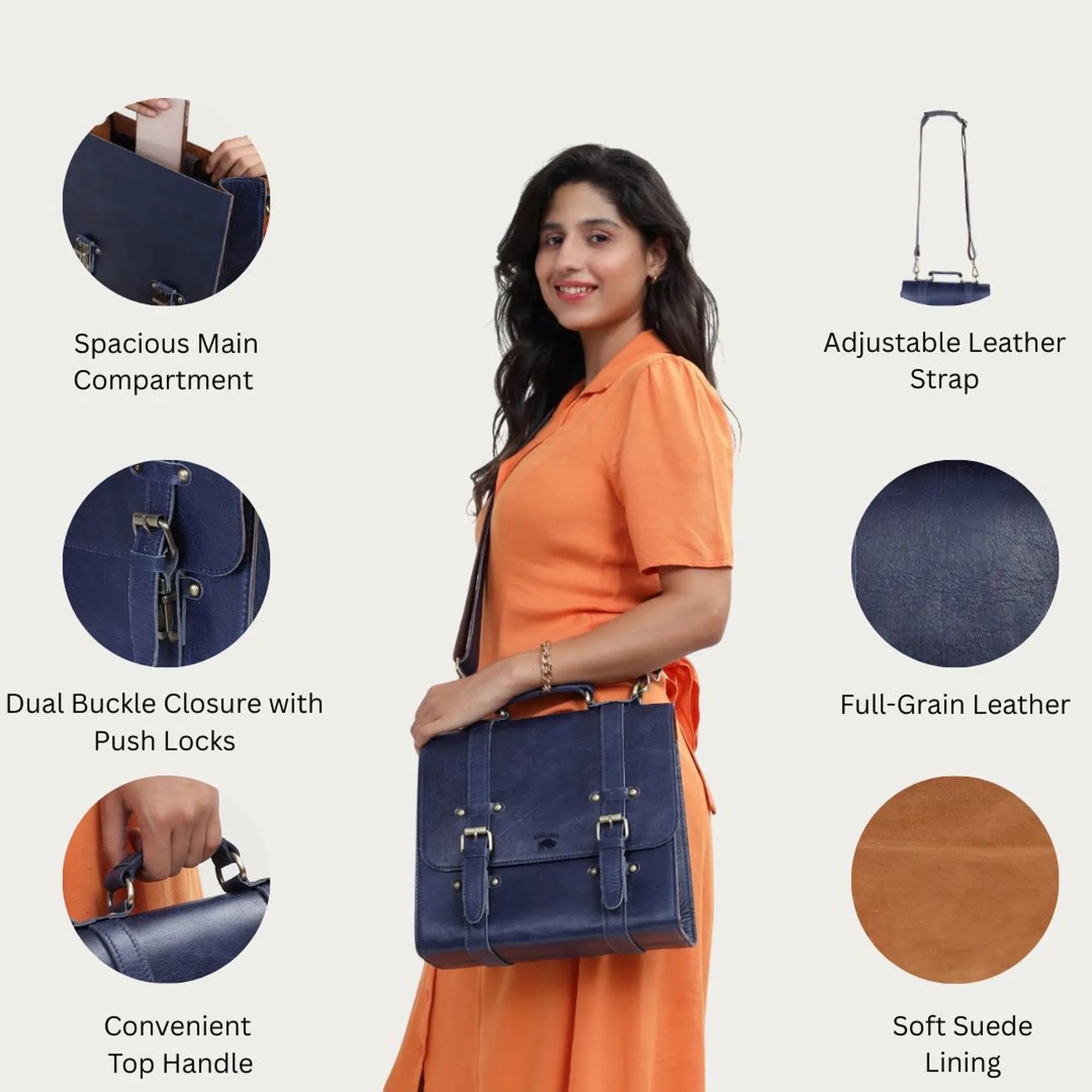 Navy Blue Full-Grain Leather Satchel Bag – Handcrafted Professional Messenger for Work & Legacy