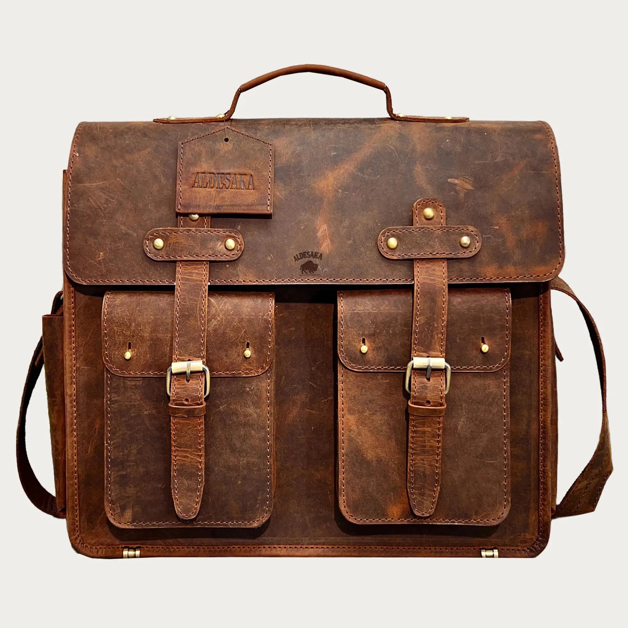 Distressed Leather Satchel Bag – Full-Grain Laptop Briefcase with Dual Buckle Pockets & Trolley Sleeve (14" / 16" / 18")