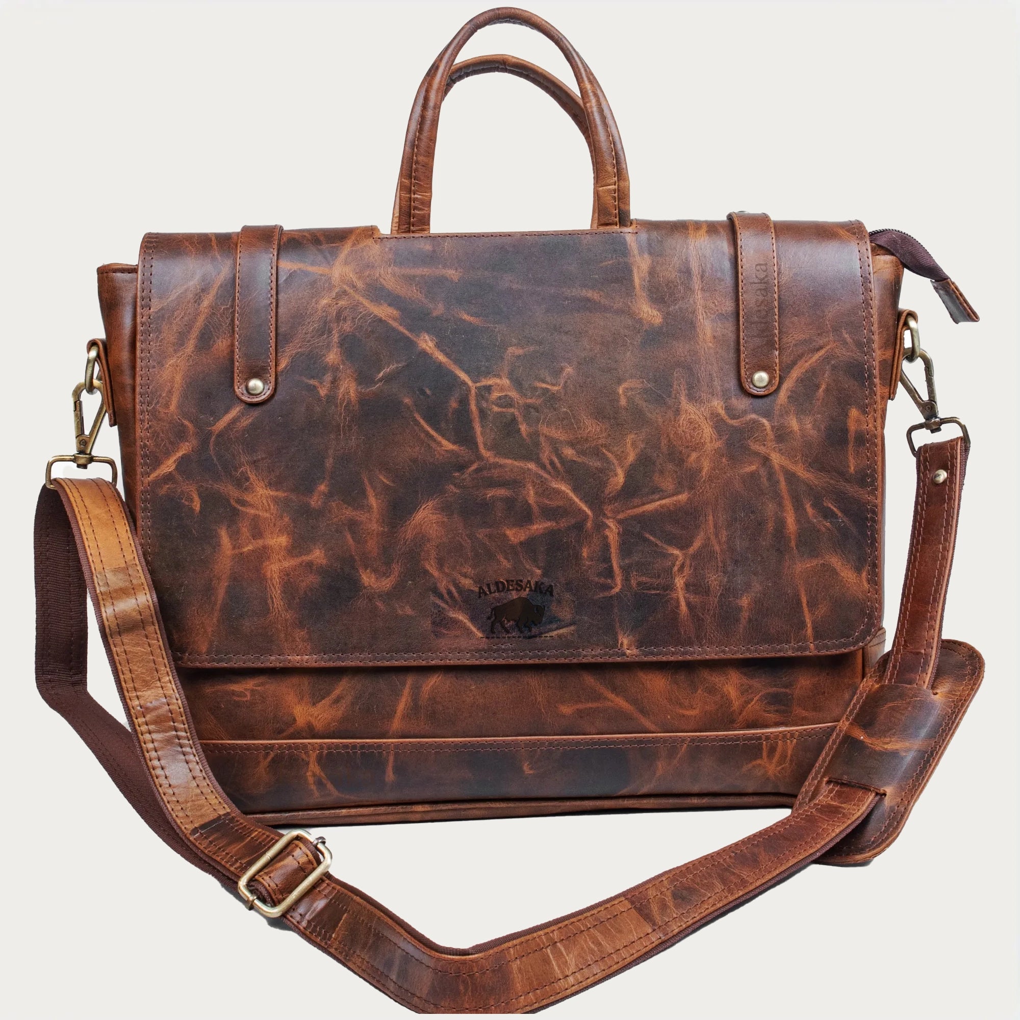 Distressed Brown Leather Laptop Bag – Full-Grain Cowhide with Flap-Over Closure, Top Handle & Shoulder Strap (14" / 16" / 18")