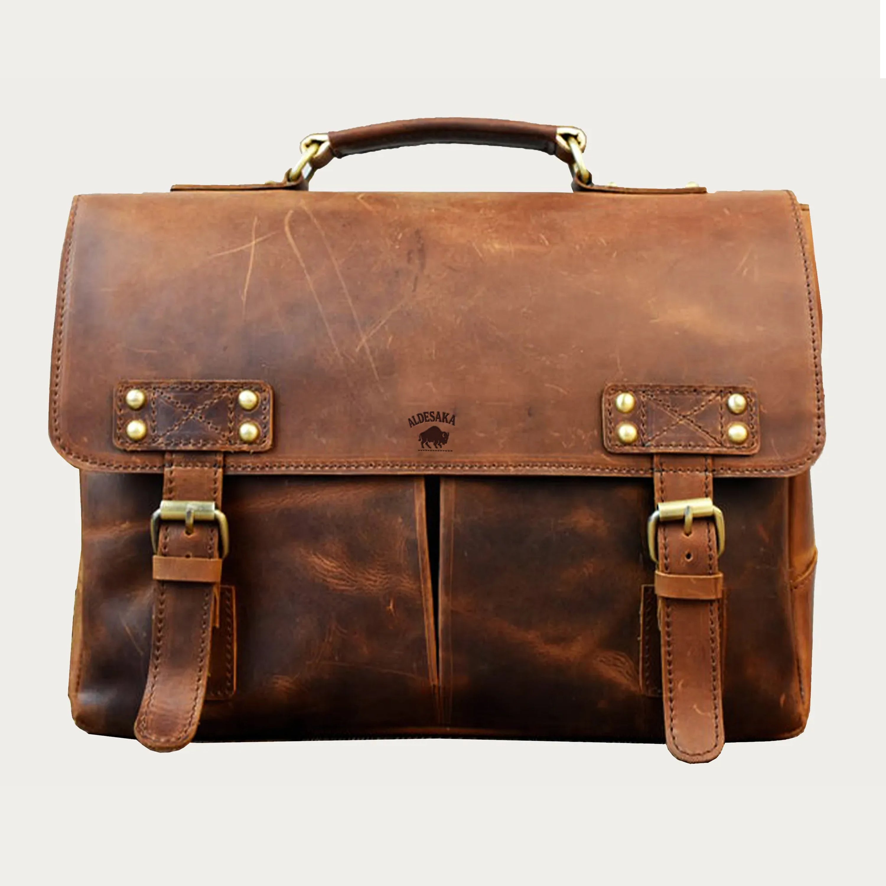 Distressed Full-Grain Leather Laptop Bag – Handmade Messenger Briefcase with Buckle Closure (14" / 16" / 18")