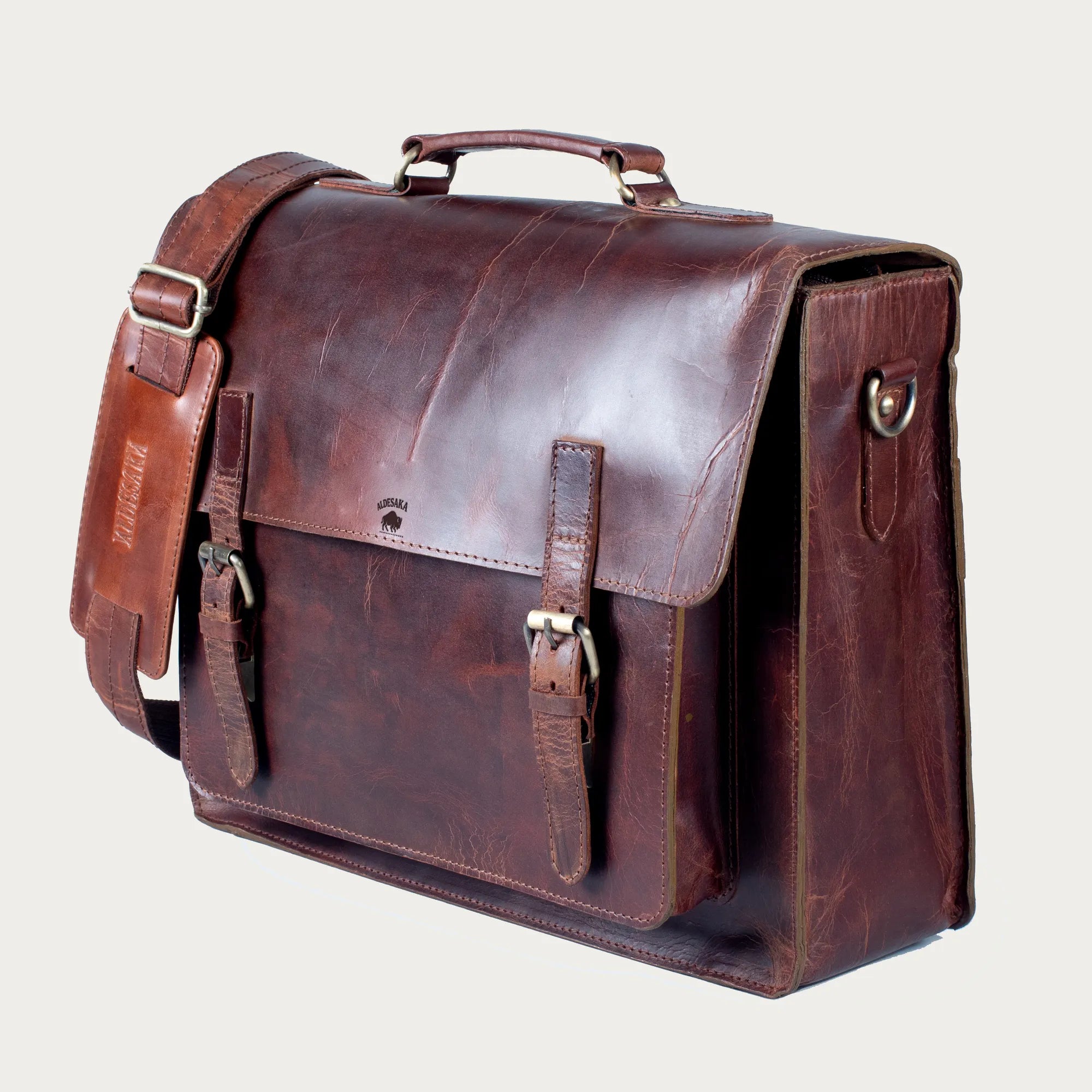 Full Grain Distressed Leather Messenger Bag – Handmade Buckle Flap Satchel for Men & Women | Laptop Work Bag in 14” 16” 18” Sizes | Rustic Gift for Him
