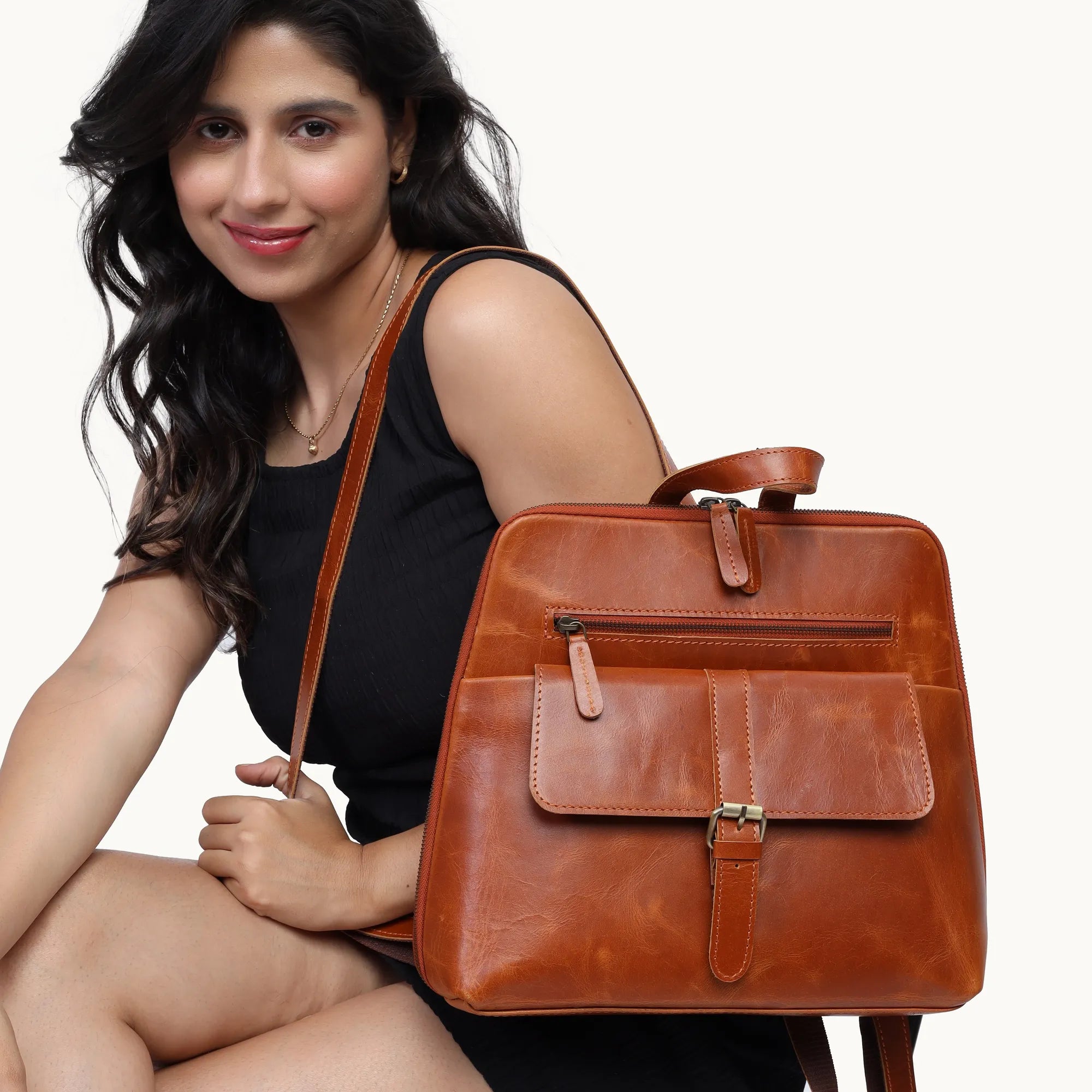 Tan Leather Backpack – Handmade Full Grain Minimalist Daypack for Women