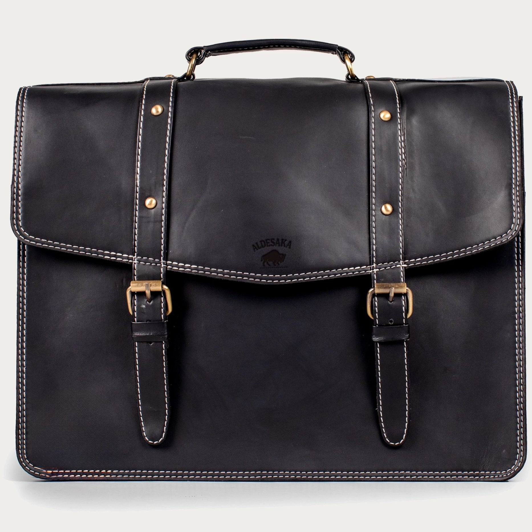 Smooth Black Leather Laptop Bag – Full-Grain Shoulder Briefcase with Buckle Flap & Trolley Sleeve (14" / 16" / 18")