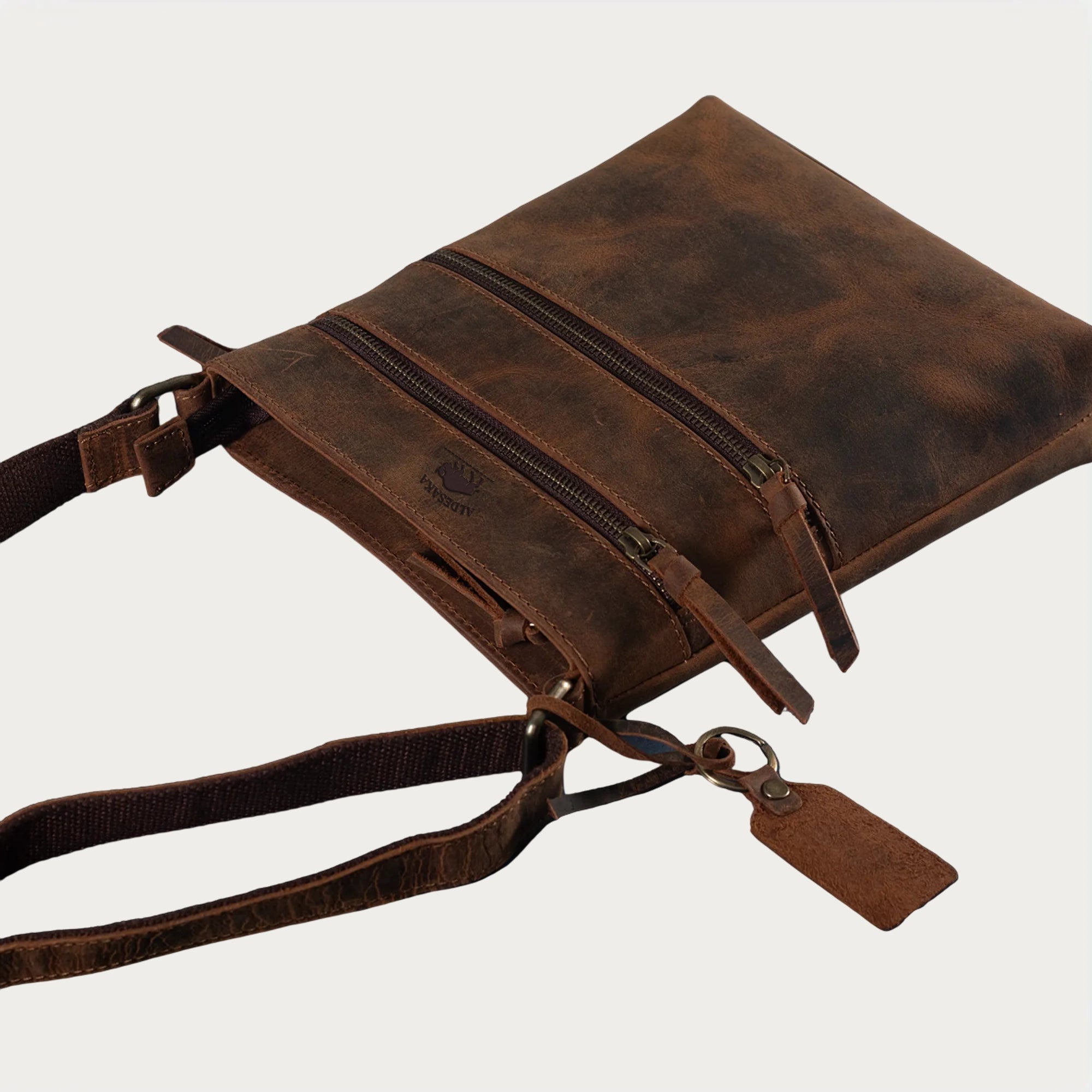 Distressed Leather Crossbody Bag – Full-Grain Unisex Everyday Sling with Dual Zipper Pockets (10" x 6" x 1")