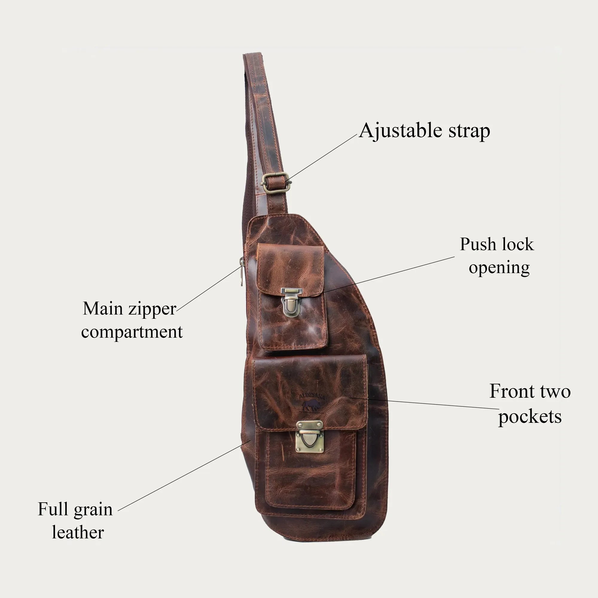 Men’s Full-Grain Leather Chest Sling Bag – Distressed Brown Crossbody Chest Pack with Dual Buckle Pockets – Gift for Him