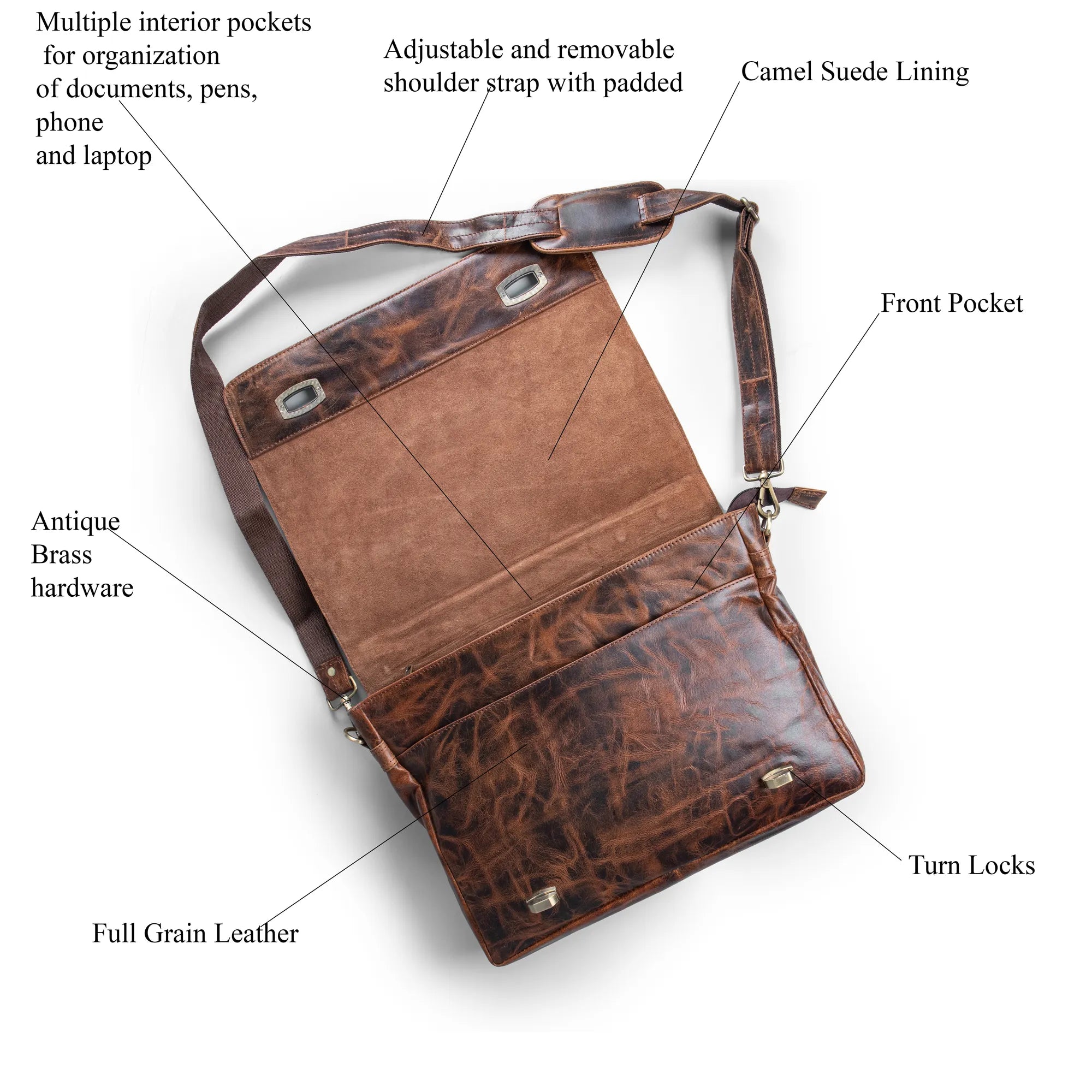 Distressed Brown Leather Briefcase – Full-Grain Executive Laptop Bag with Twist-Lock Closure (14" / 16" / 18")