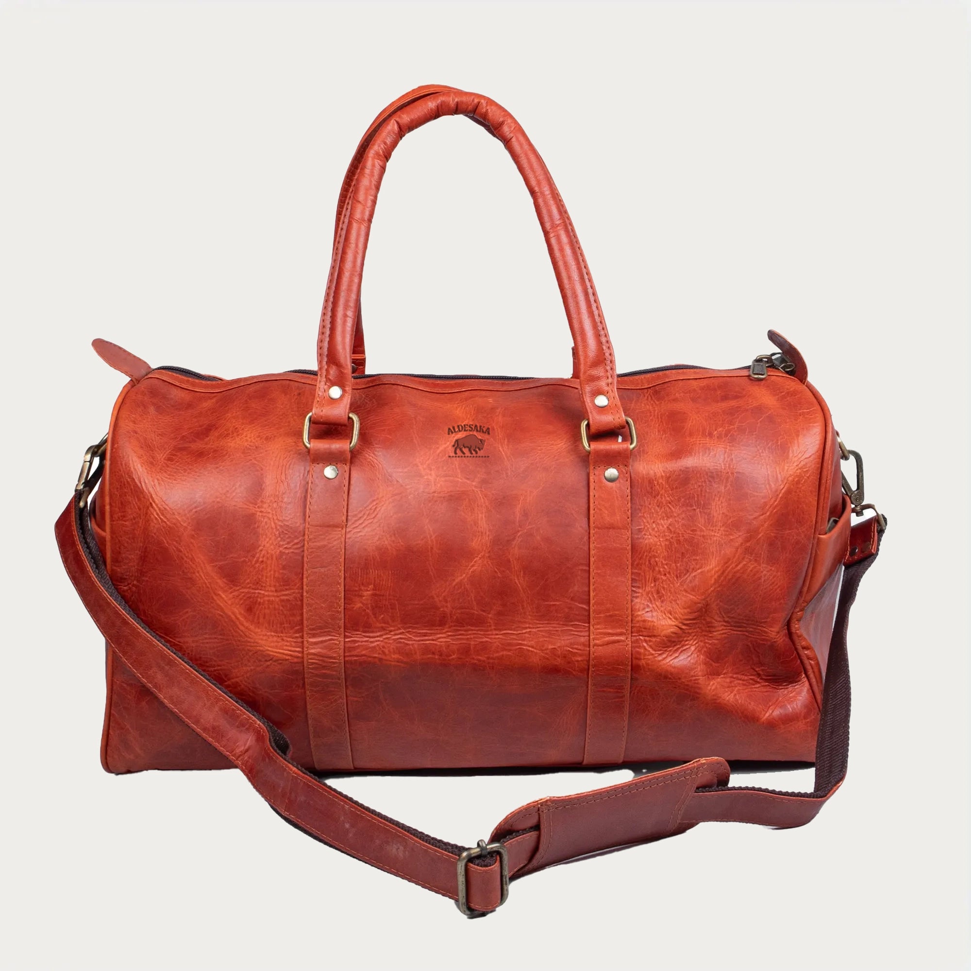 Red Full-Grain Leather Duffle Bag – Handmade Travel Weekender with Adjustable Strap – Unisex Gym Bag or Gift for Him/Her