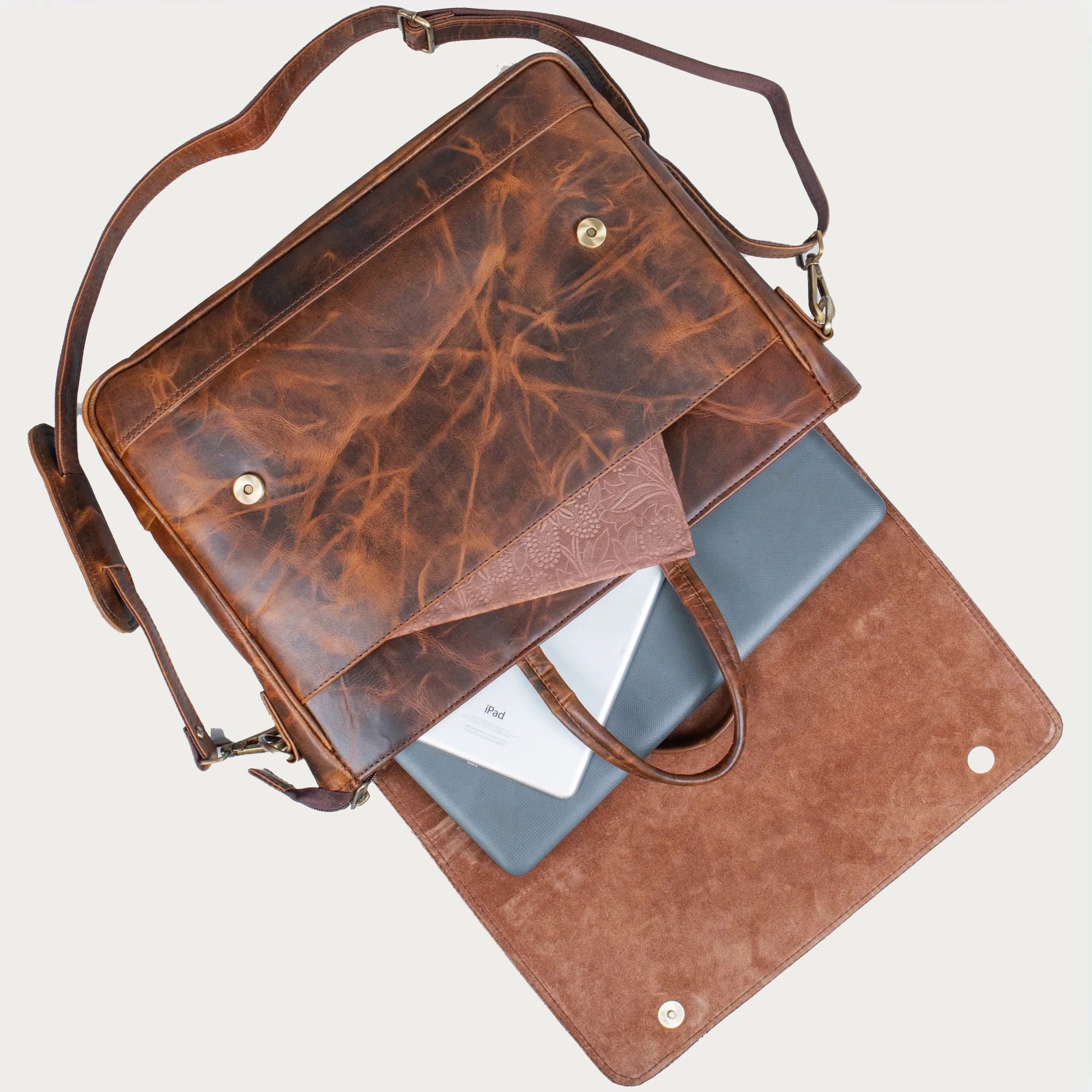 Distressed Brown Leather Laptop Bag – Full-Grain Cowhide with Flap-Over Closure, Top Handle & Shoulder Strap (14" / 16" / 18")