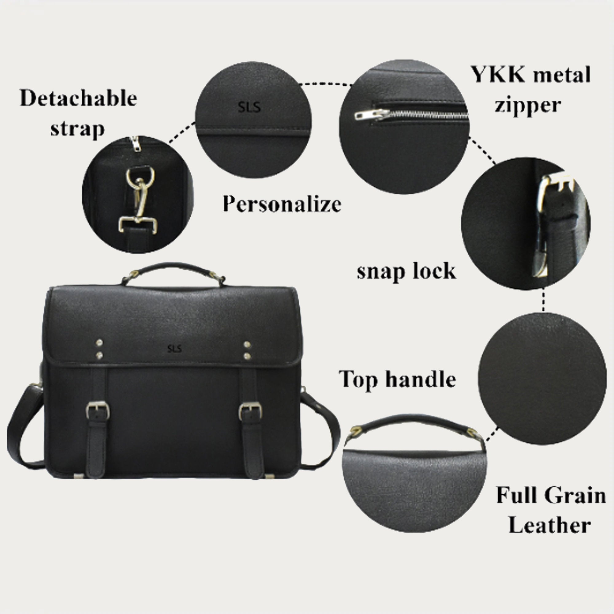 Black Leather Laptop Briefcase – Full-Grain Professional Bag with Buckle Flap & Trolley Sleeve (14" / 16" / 18")