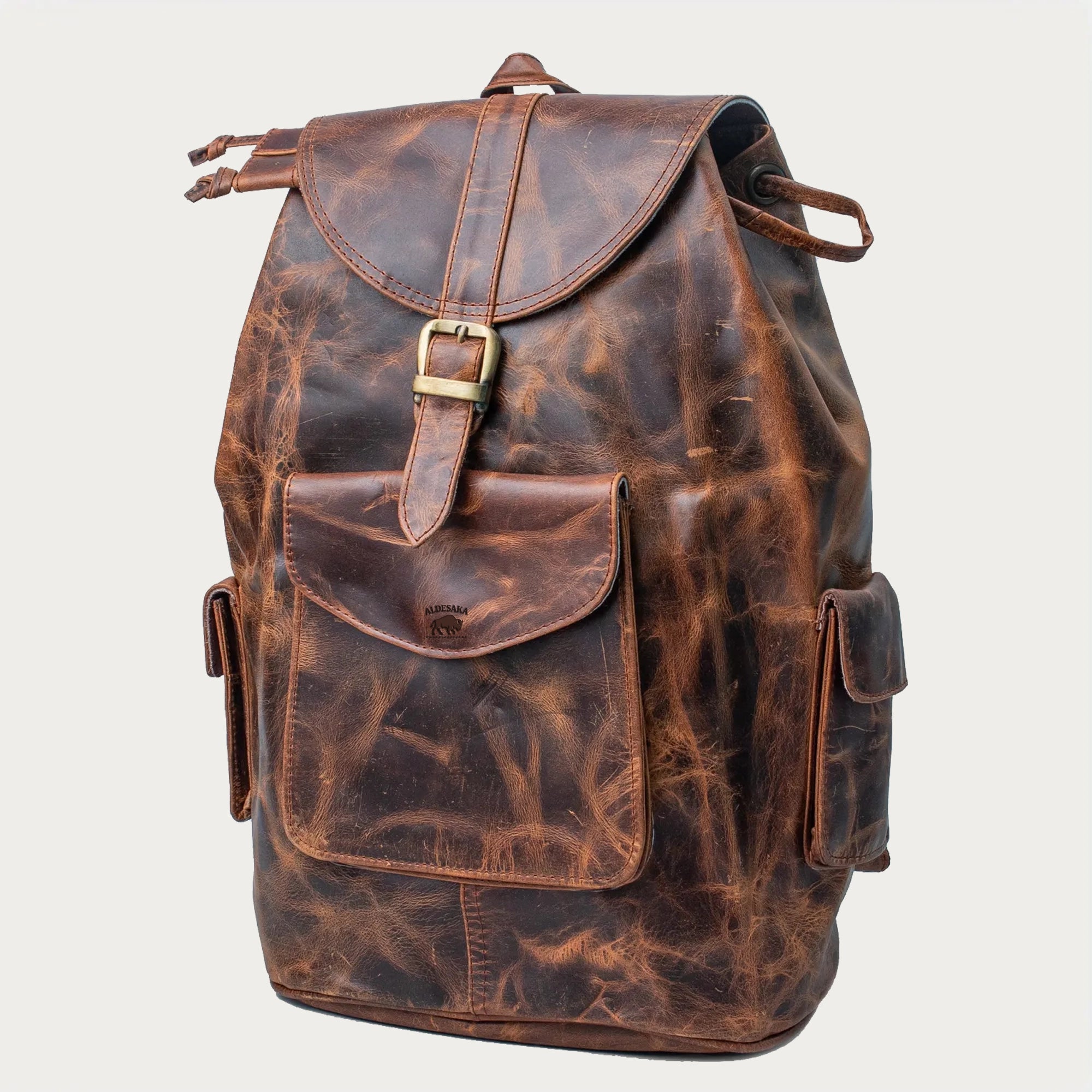 Distressed Brown Full-Grain Leather Backpack – Drawstring Rucksack with Buckle Flap, Laptop Sleeve & Side Pockets – Travel, Office, Gift