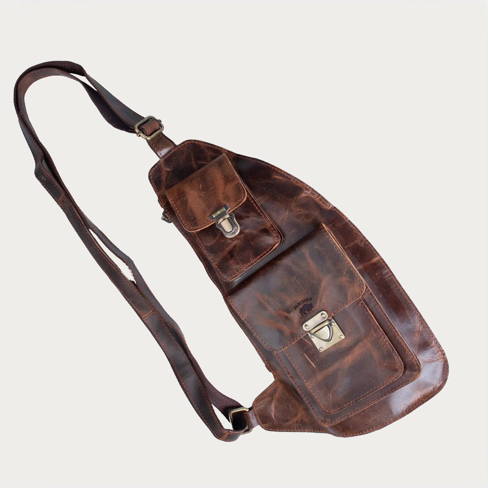 Men’s Full-Grain Leather Chest Sling Bag – Distressed Brown Crossbody Chest Pack with Dual Buckle Pockets – Gift for Him