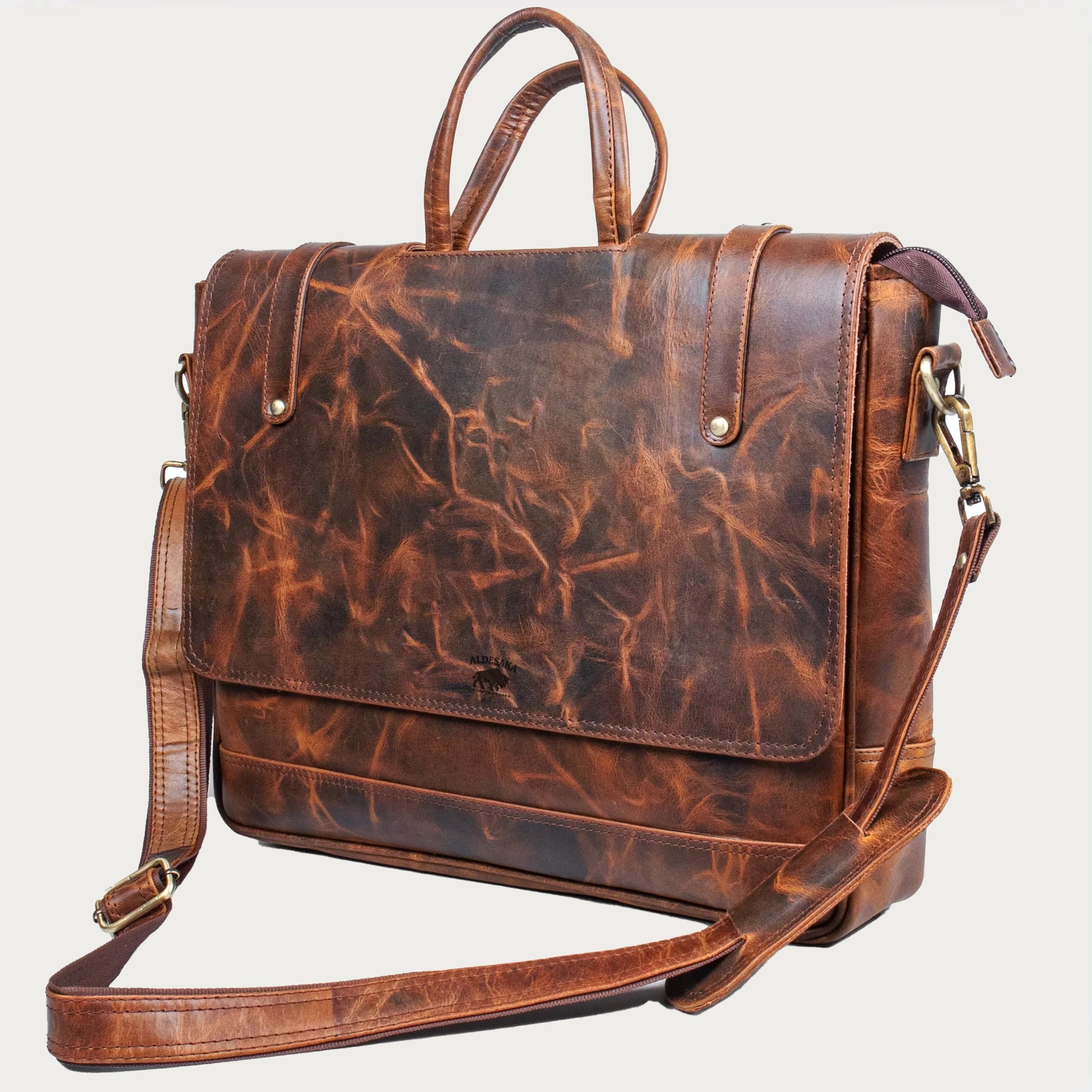 Distressed Brown Leather Laptop Bag – Full-Grain Cowhide with Flap-Over Closure, Top Handle & Shoulder Strap (14" / 16" / 18")