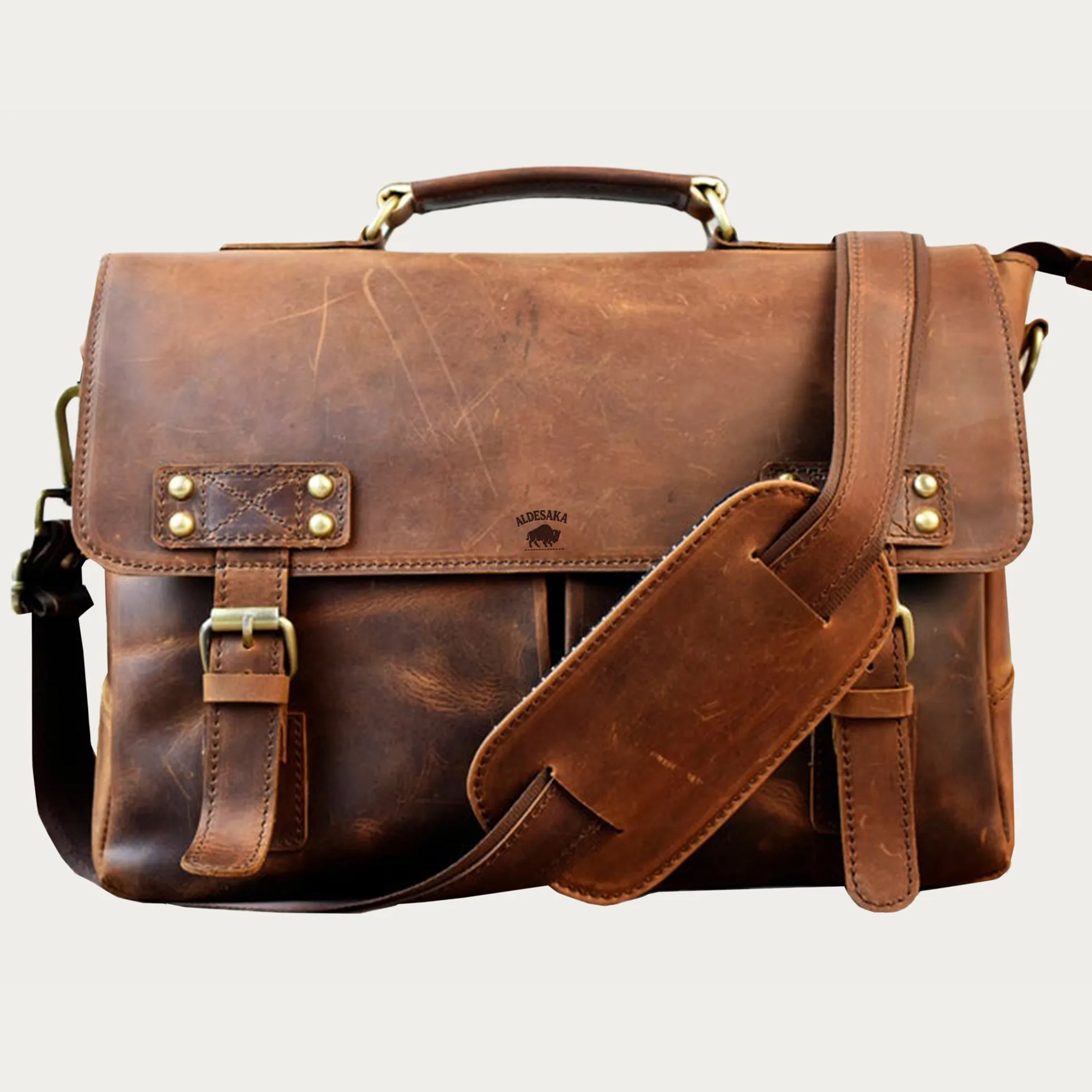 Distressed Full-Grain Leather Laptop Bag – Handmade Messenger Briefcase with Buckle Closure (14" / 16" / 18")