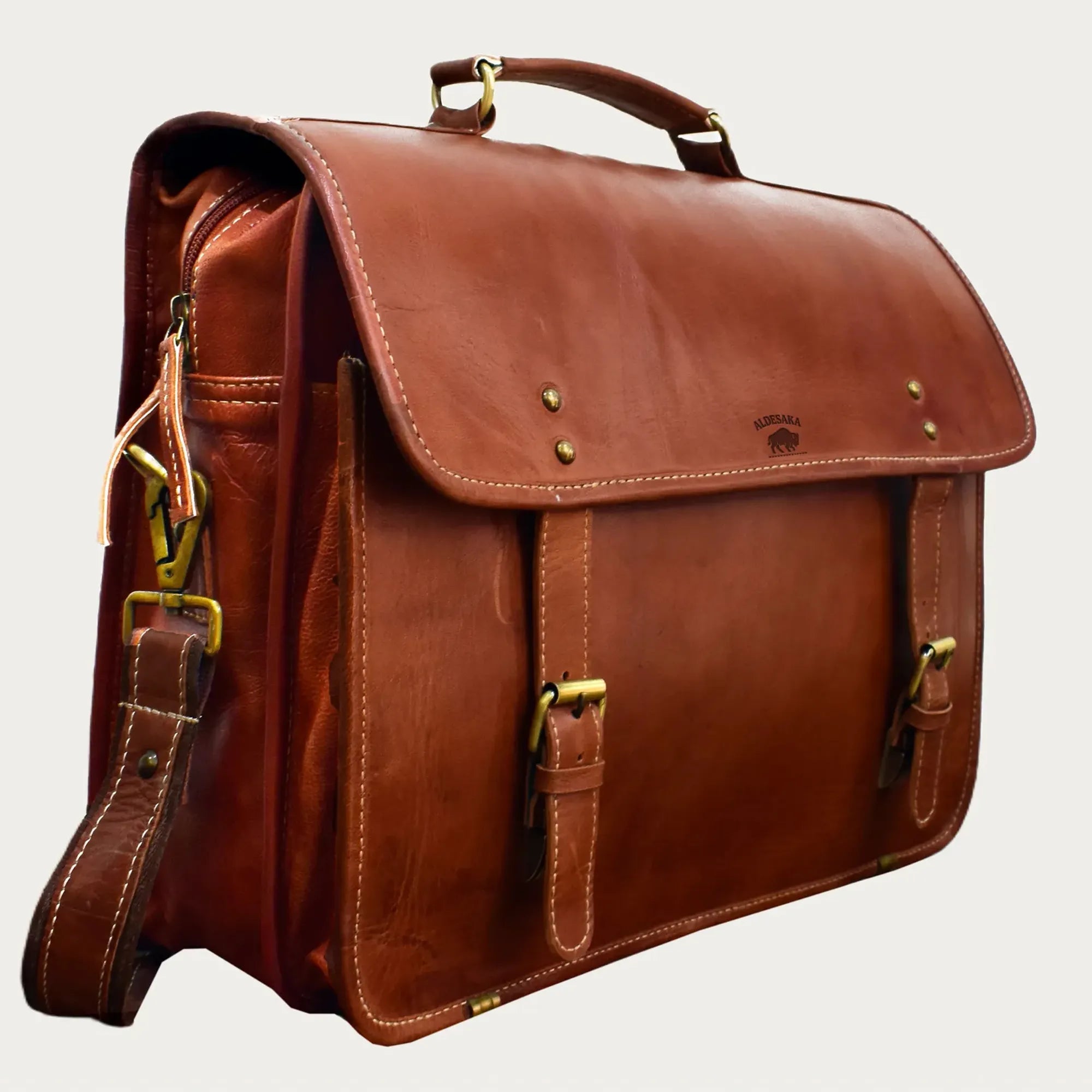 Cognac Leather Laptop Messenger Bag – Full-Grain Briefcase with Snap Lock & Trolley Sleeve (14" / 16" / 18")