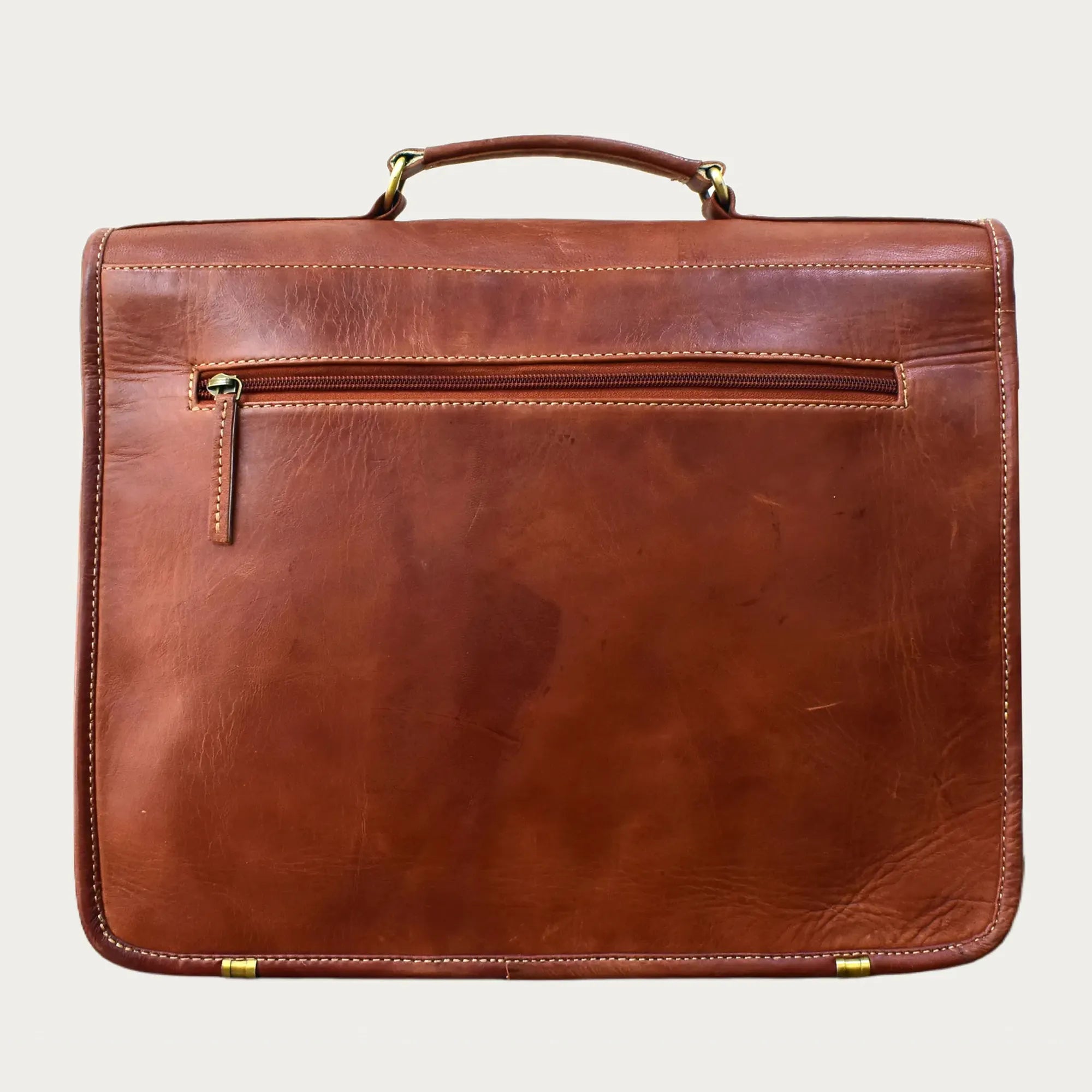 Cognac Leather Laptop Messenger Bag – Full-Grain Briefcase with Snap Lock & Trolley Sleeve (14" / 16" / 18")