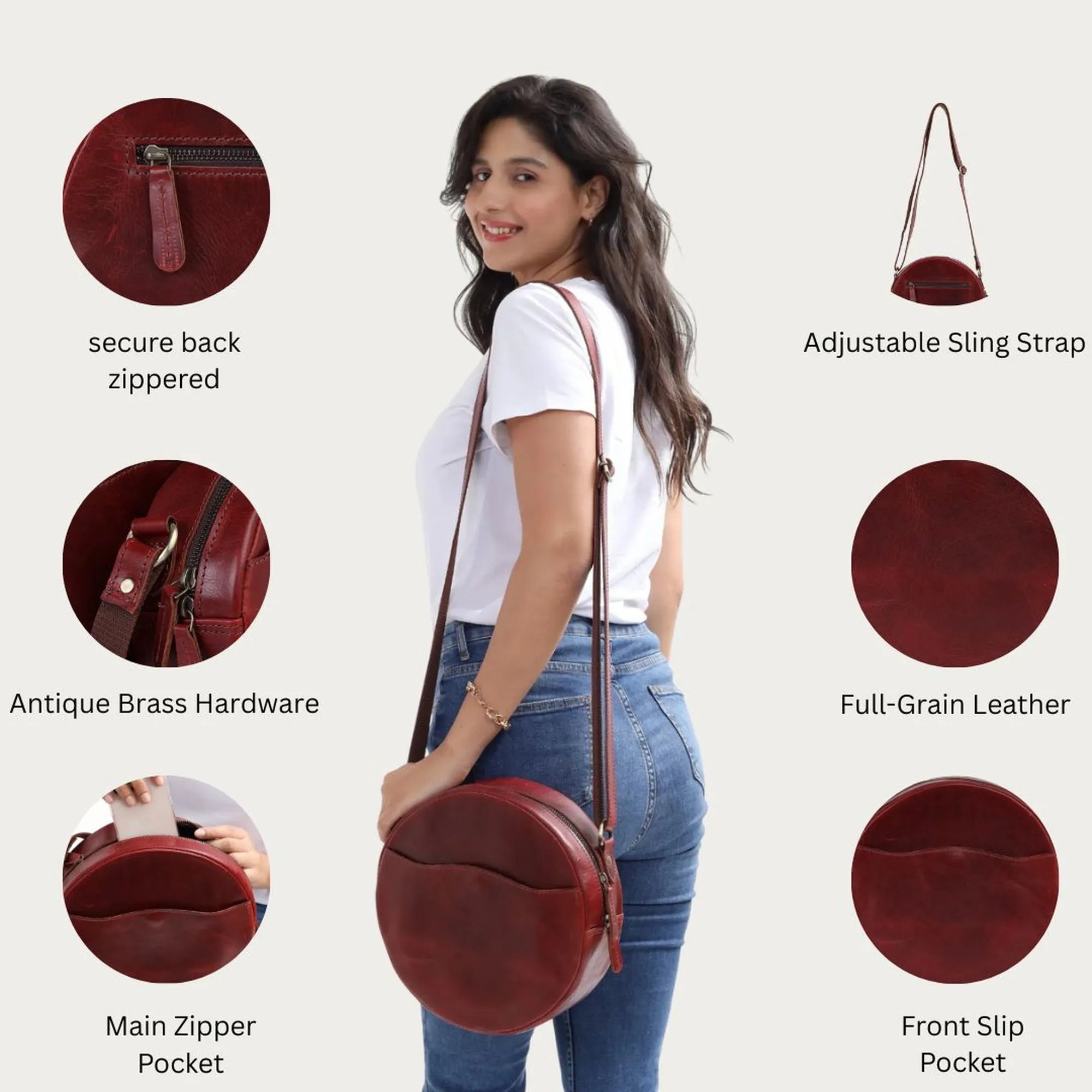 Wine Leather Crossbody Bag – Round Handmade Full Grain Sling for Women