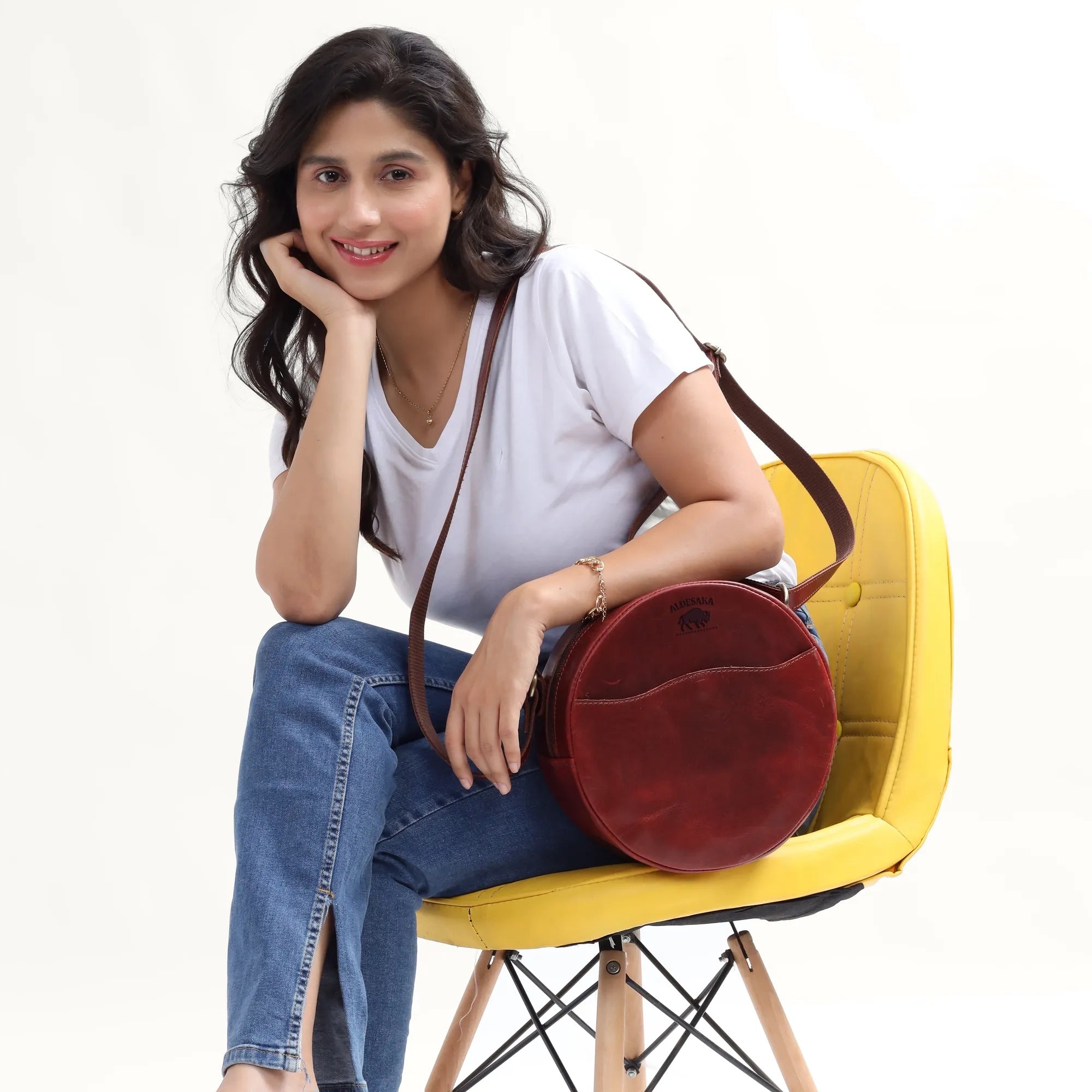 Wine Leather Crossbody Bag – Round Handmade Full Grain Sling for Women