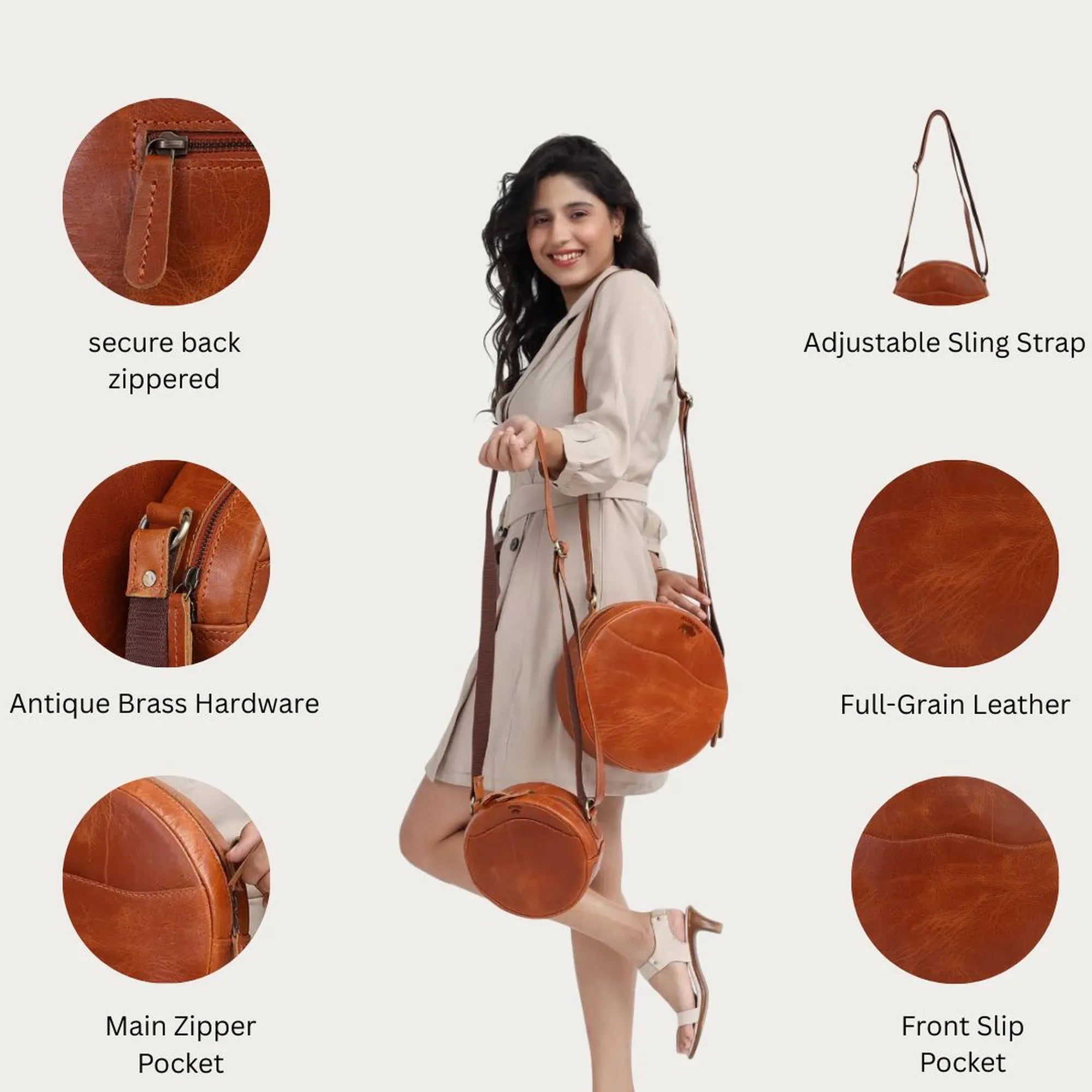 Tan Leather Crossbody Bag – Minimal Round Handmade Sling in Full Grain Leather