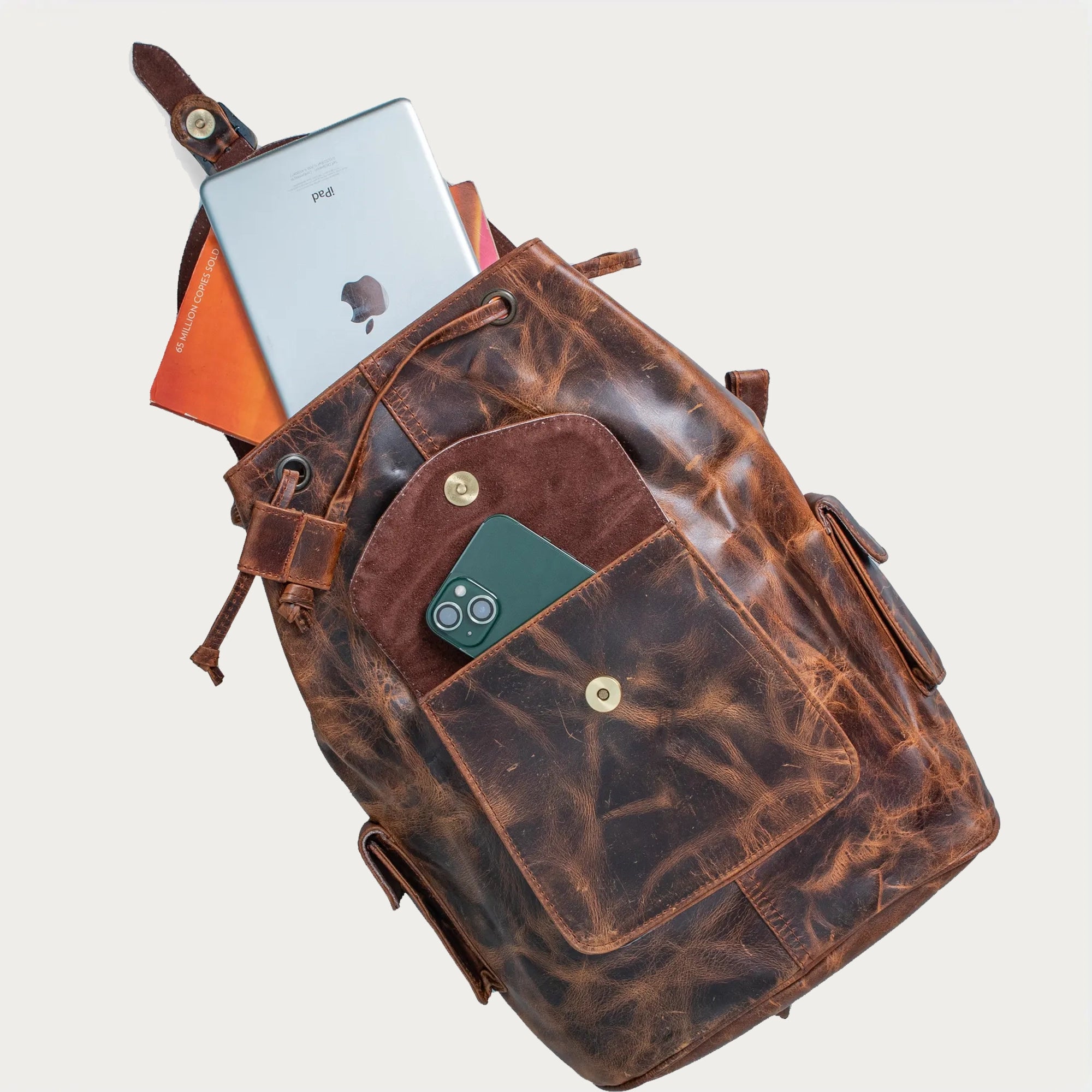 Distressed Brown Full-Grain Leather Backpack – Drawstring Rucksack with Buckle Flap, Laptop Sleeve & Side Pockets – Travel, Office, Gift
