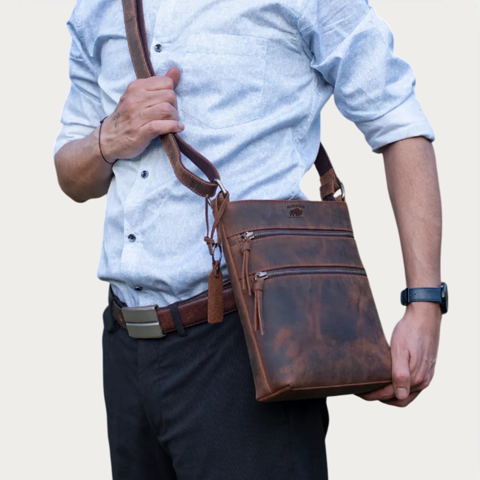 Distressed Leather Crossbody Bag – Full-Grain Unisex Everyday Sling with Dual Zipper Pockets (10" x 6" x 1")