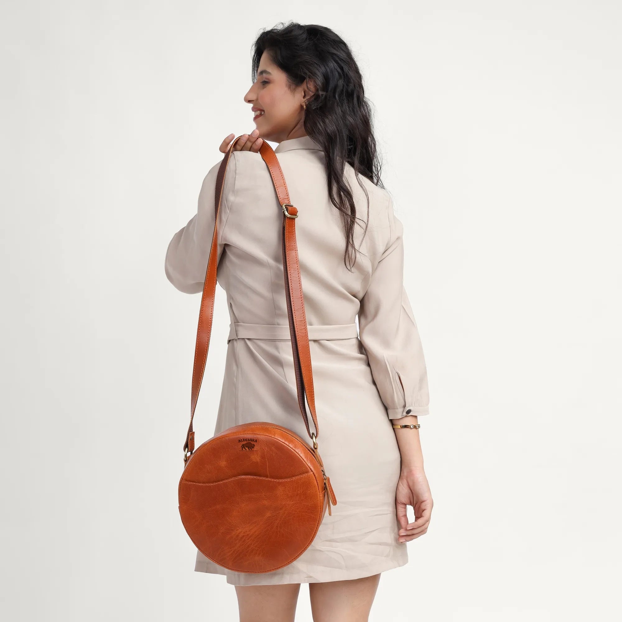 Tan Leather Crossbody Bag – Minimal Round Handmade Sling in Full Grain Leather