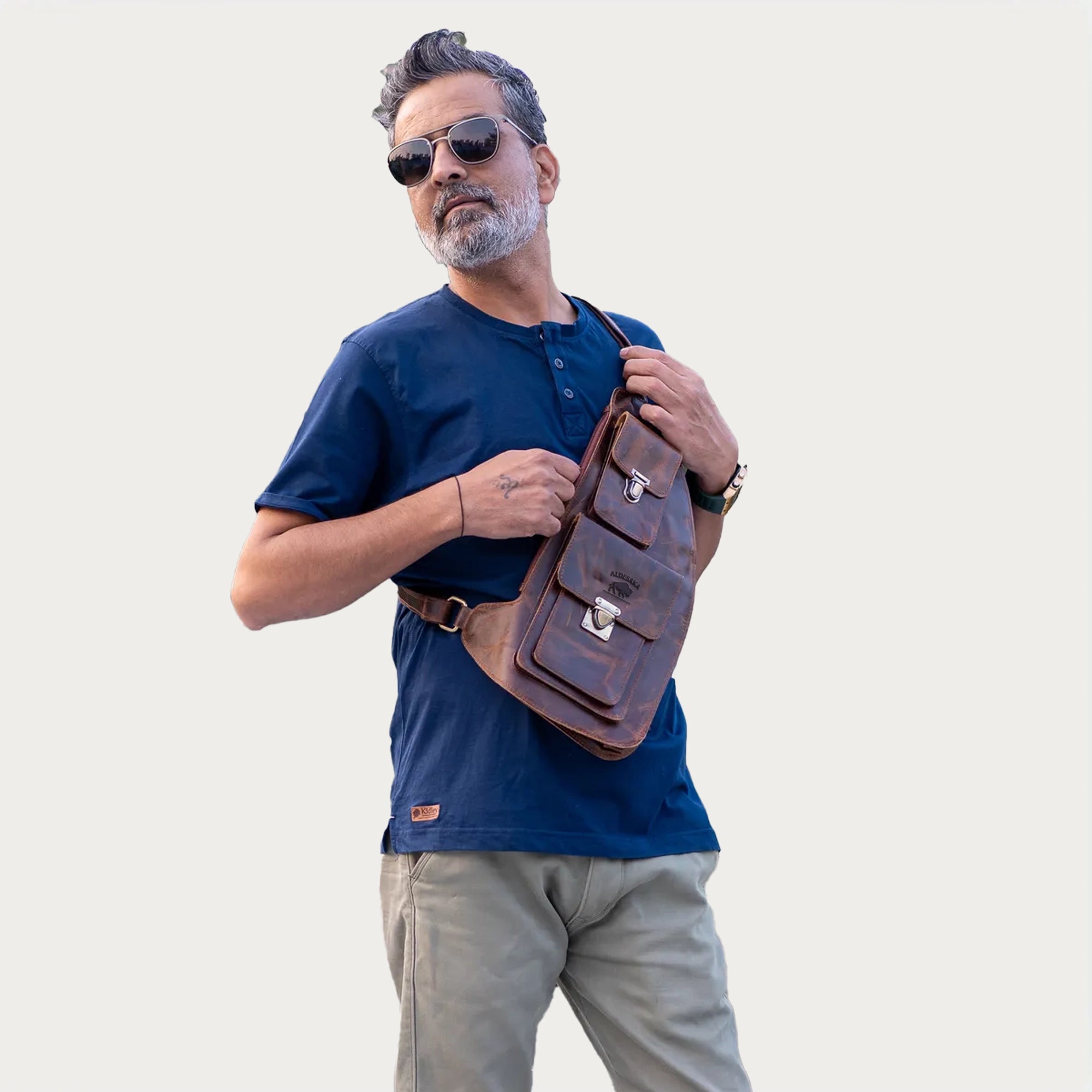 Men’s Full-Grain Leather Chest Sling Bag – Distressed Brown Crossbody Chest Pack with Dual Buckle Pockets – Gift for Him
