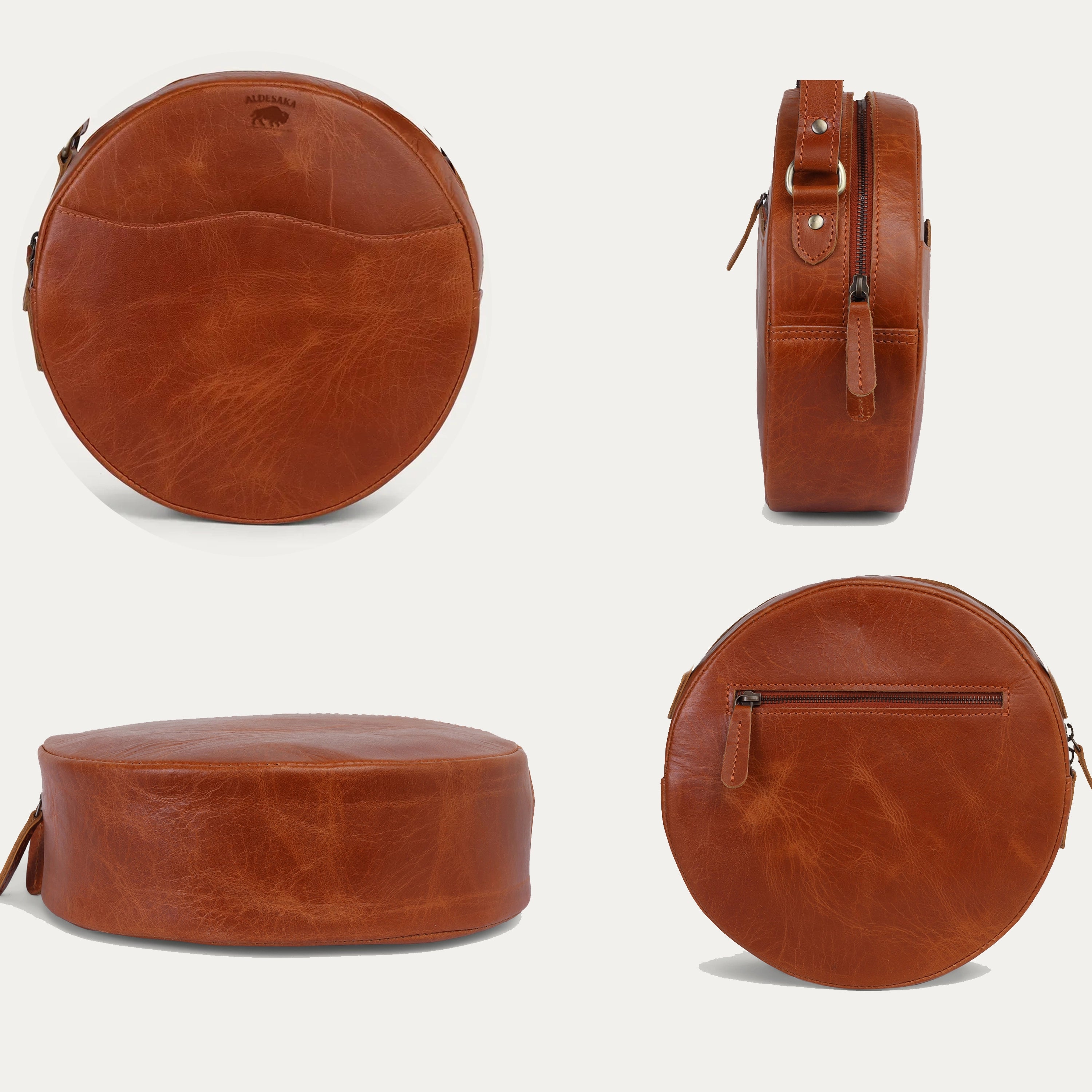 Tan Leather Crossbody Bag – Minimal Round Handmade Sling in Full Grain Leather