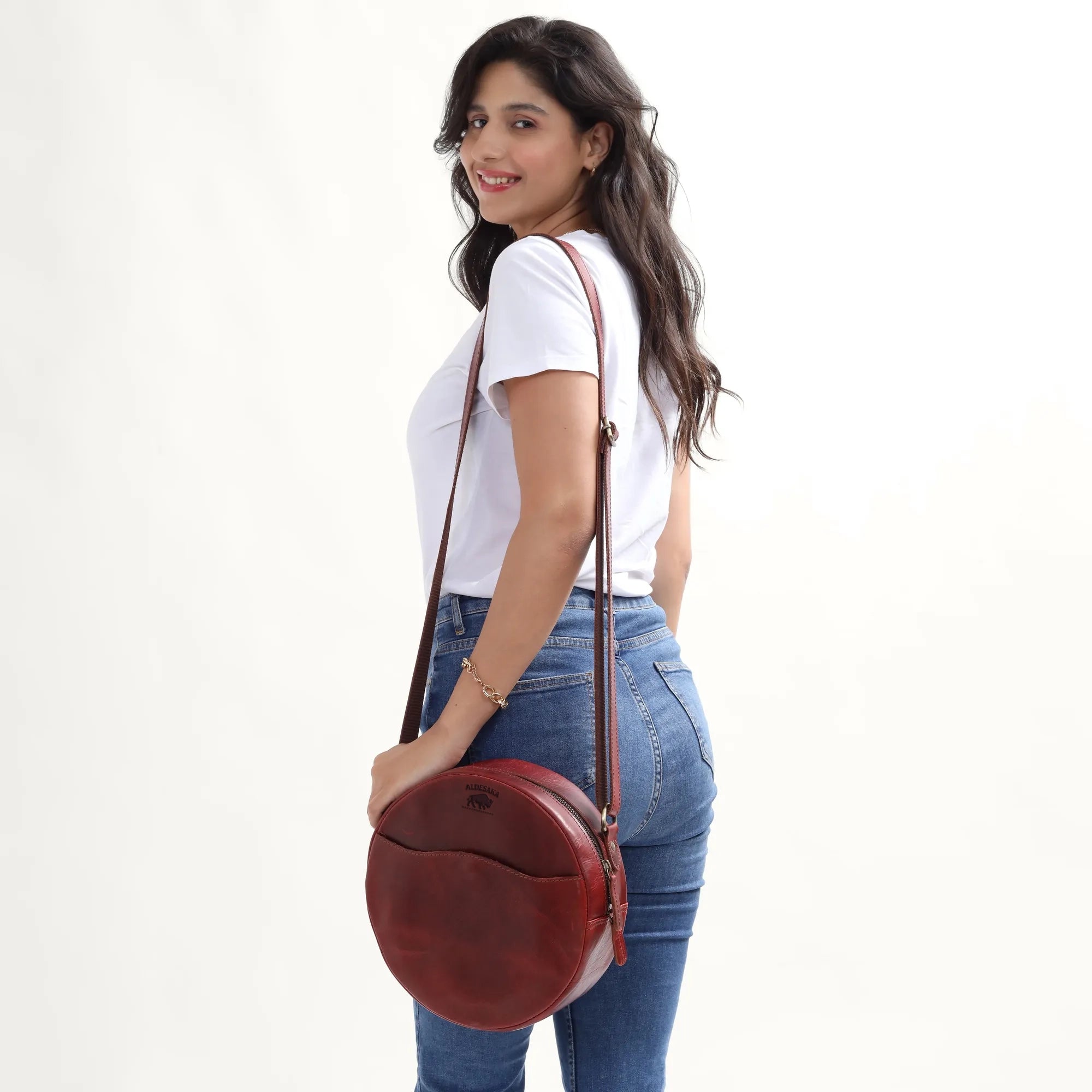 Wine Leather Crossbody Bag – Round Handmade Full Grain Sling for Women