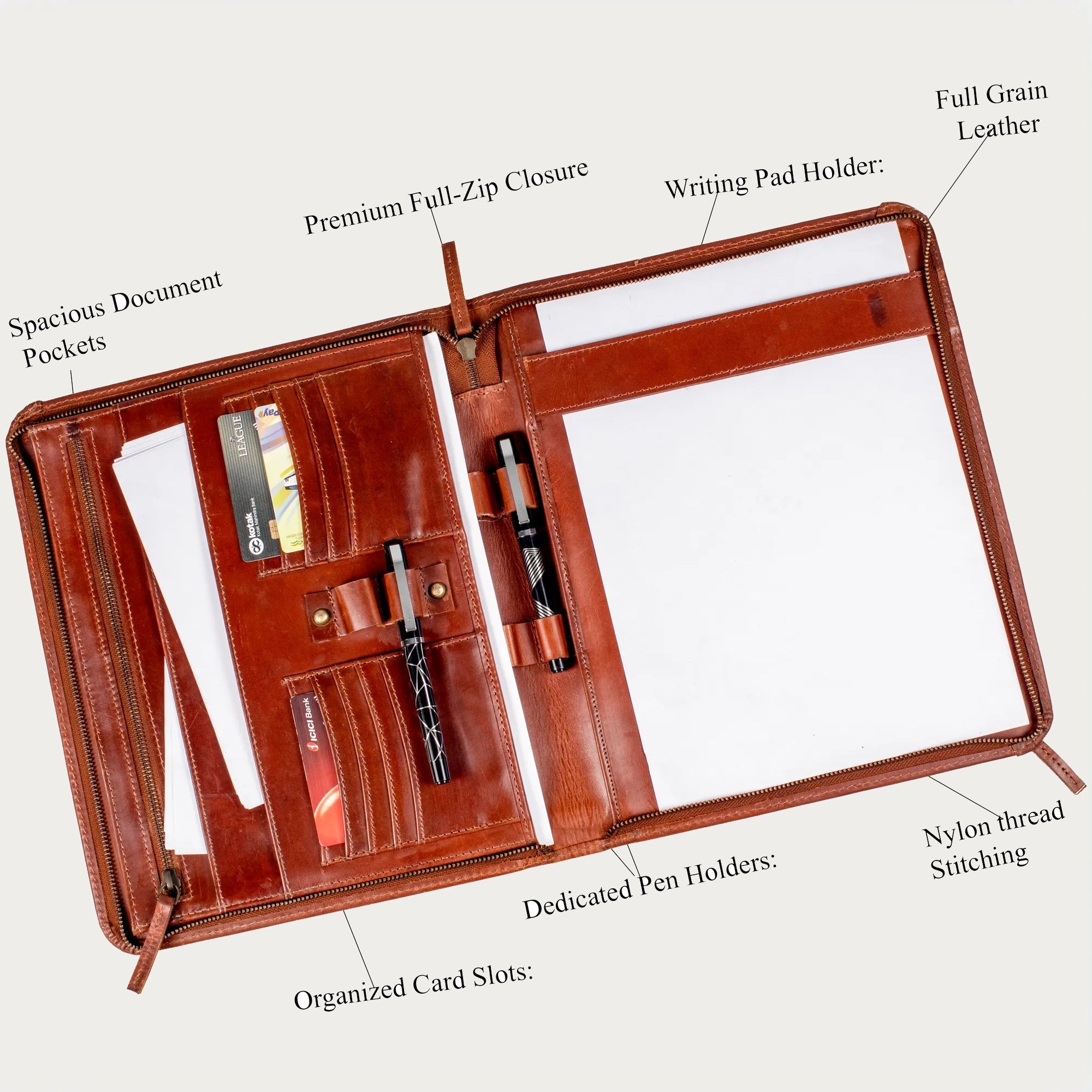 Full-Grain Leather Zip Portfolio – Handmade A4 A5 Document Holder with Pen & Card Slots – Professional Business Folder