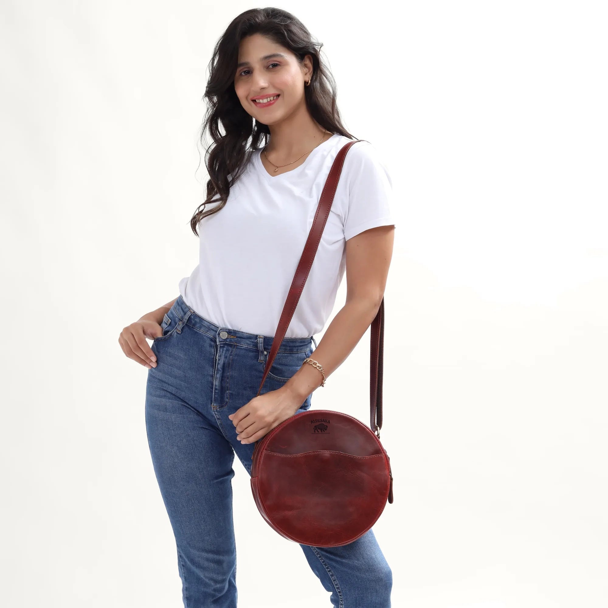 Wine Leather Crossbody Bag – Round Handmade Full Grain Sling for Women