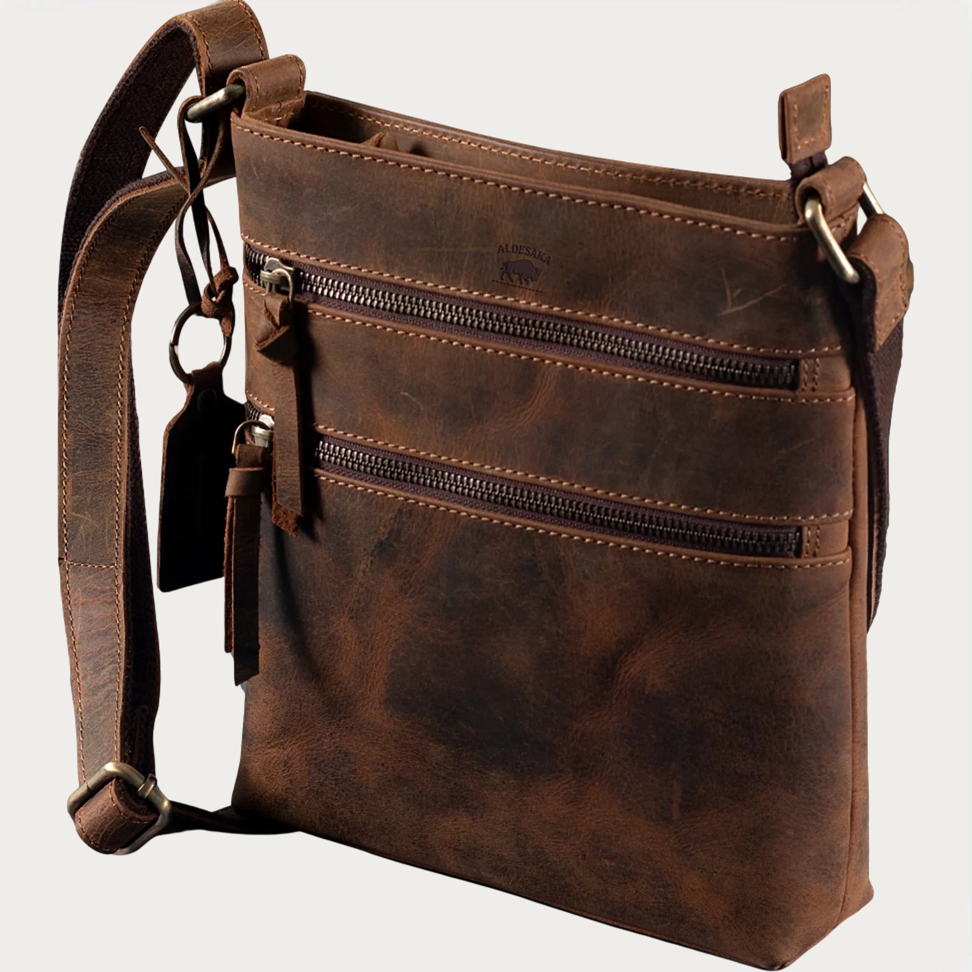 Distressed Leather Crossbody Bag – Full-Grain Unisex Everyday Sling with Dual Zipper Pockets (10" x 6" x 1")