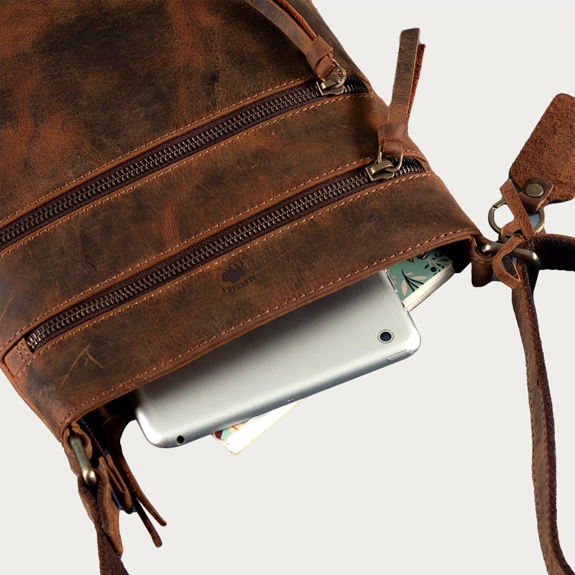 Distressed Leather Crossbody Bag – Full-Grain Unisex Everyday Sling with Dual Zipper Pockets (10" x 6" x 1")