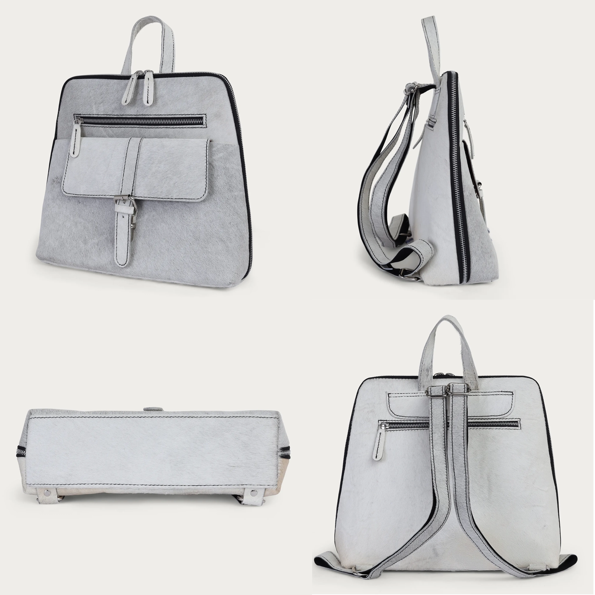 White Hairon Leather Backpack for Women – Handmade, Customizable Small Bag | Gift for Girlfriend | Stylish College Backpack